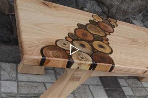 Ash wood bench with fruit trees branches inlay