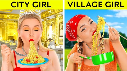 CITY RICH GIRL VS VILLAGE POOR GIRL || Eating $ 10 000 Noodles! Expensive VS Cheap by 123GO! FOOD