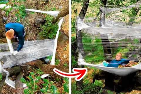 Awesome Bushcraft Tent Made From Plastic Wrap || Camping Hacks And Survival Tips
